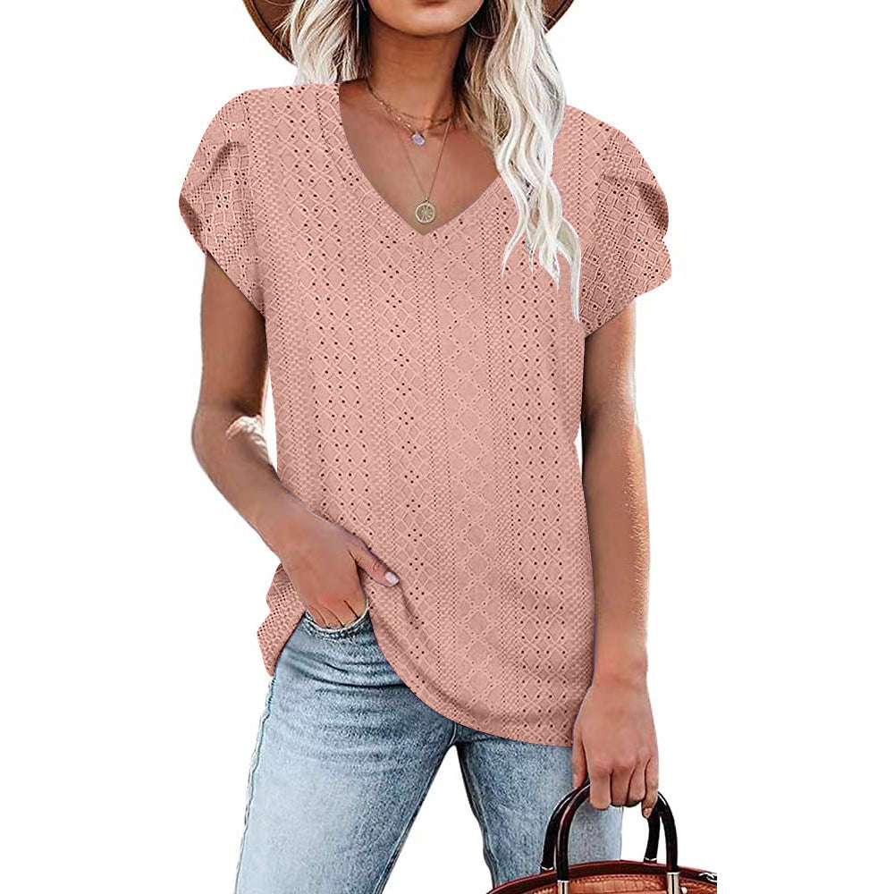 Women's Solid Color V-neck Tile Sleeve Loose Blouses