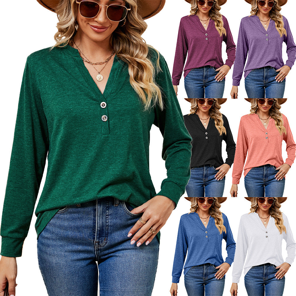 Women's Solid Color And Button Loose Long-sleeved Tops