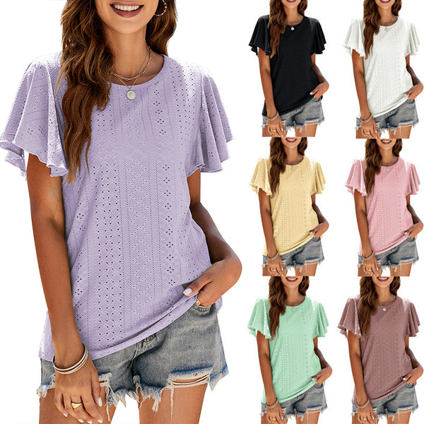 Women's Summer T-shirt Hollow-out Waist Ruffle Sleeve Blouses