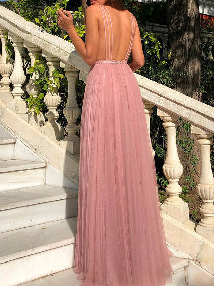 Women's Elegant Graceful Sequined Sexy V-neck Backless Long Dresses