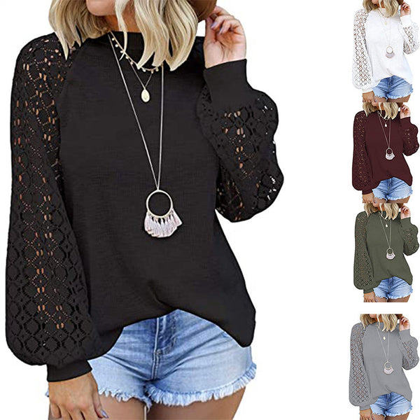 Women's Round Neck Lace Stitching Loose Long Blouses