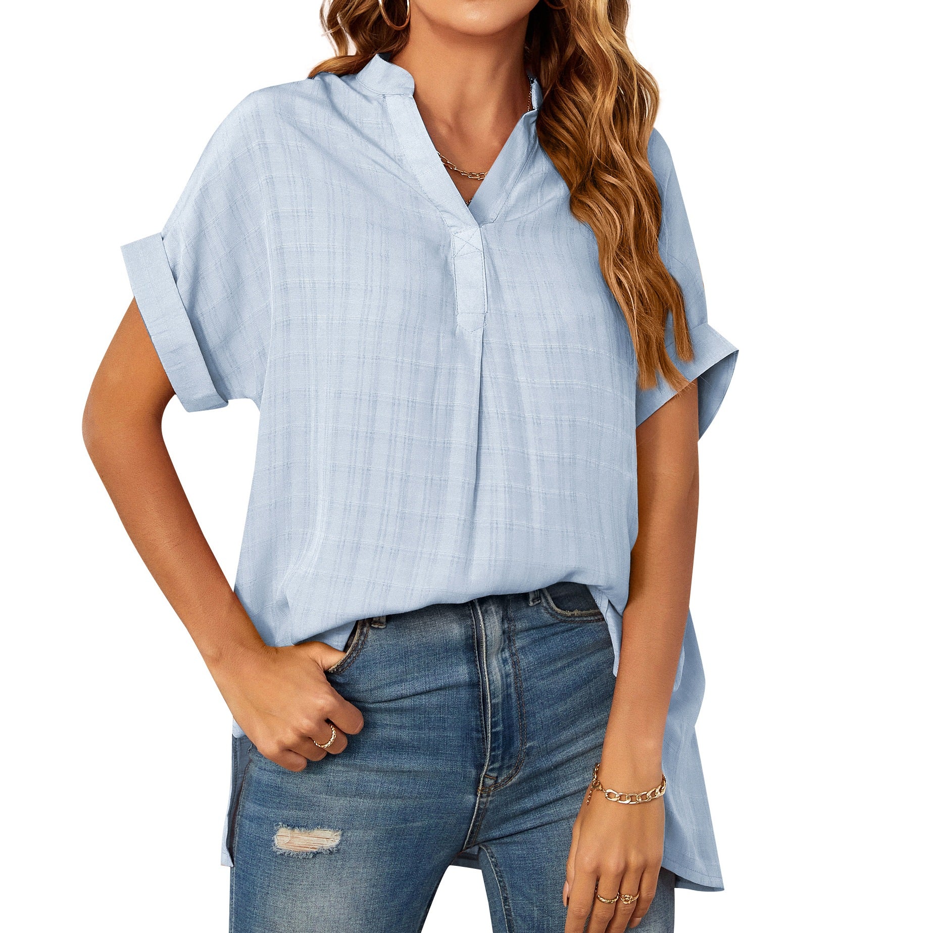 Women's Summer V-neck Sleeve Striped Thin Loose Blouses