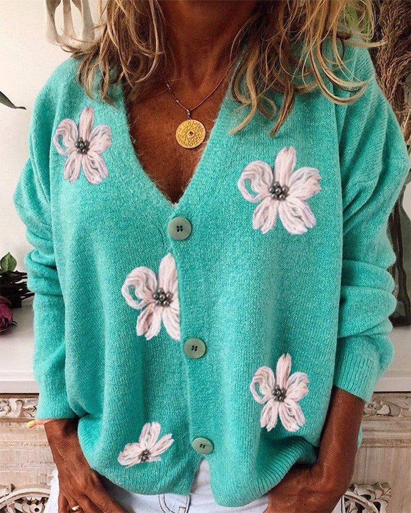 Casual Women's Long-sleeved Embroidered V-neck Knitted Sweaters