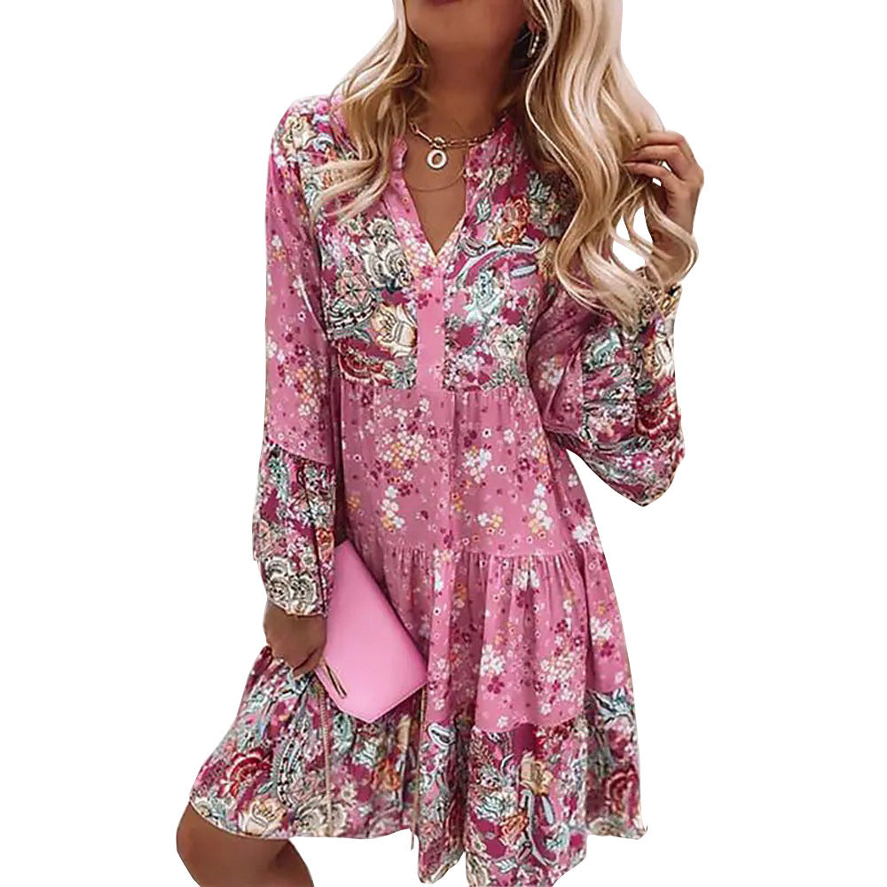 Summer Printed Loose Fashionable V-neck Pleated Dresses