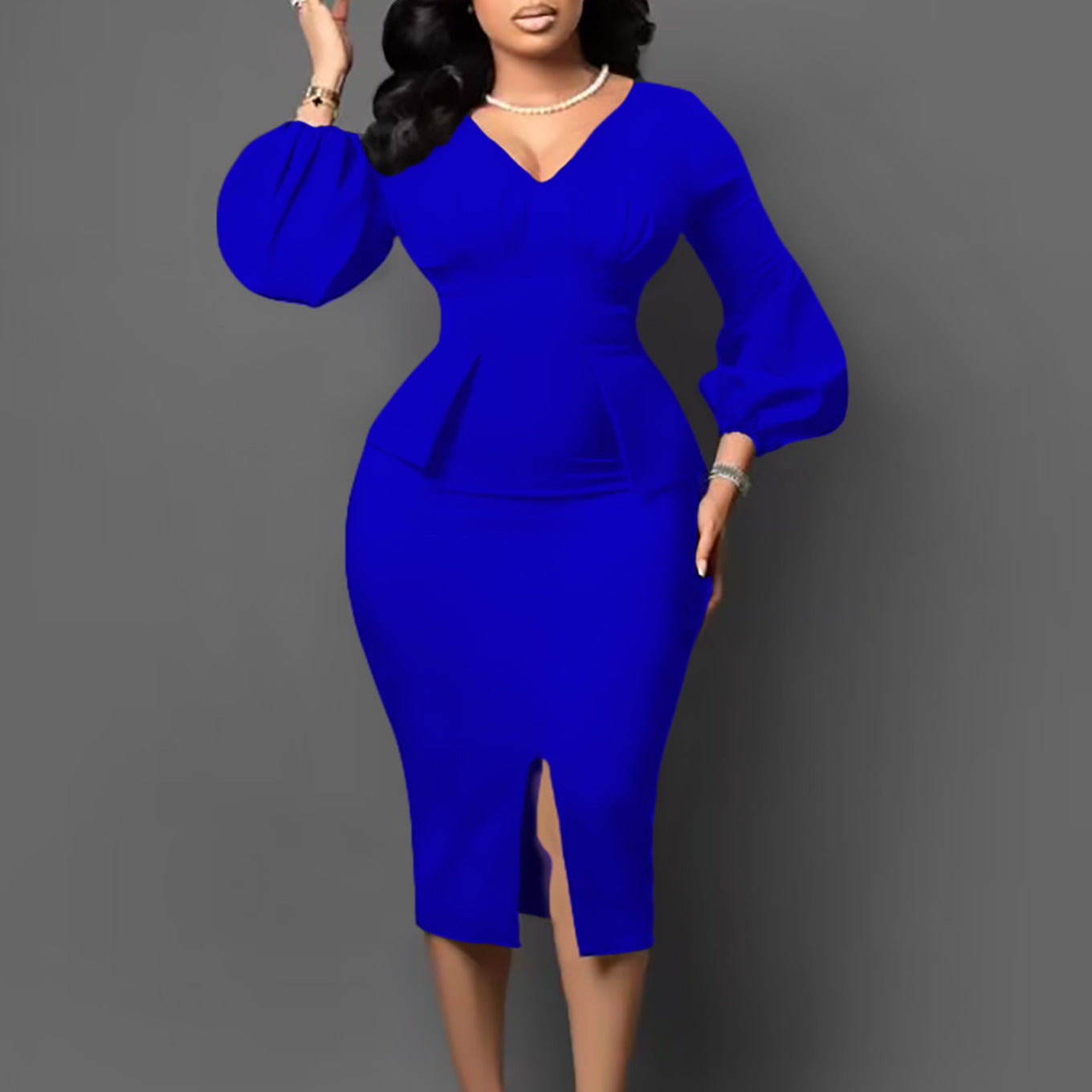 Women's V-neck Puff Sleeve Slit Pencil African Dresses