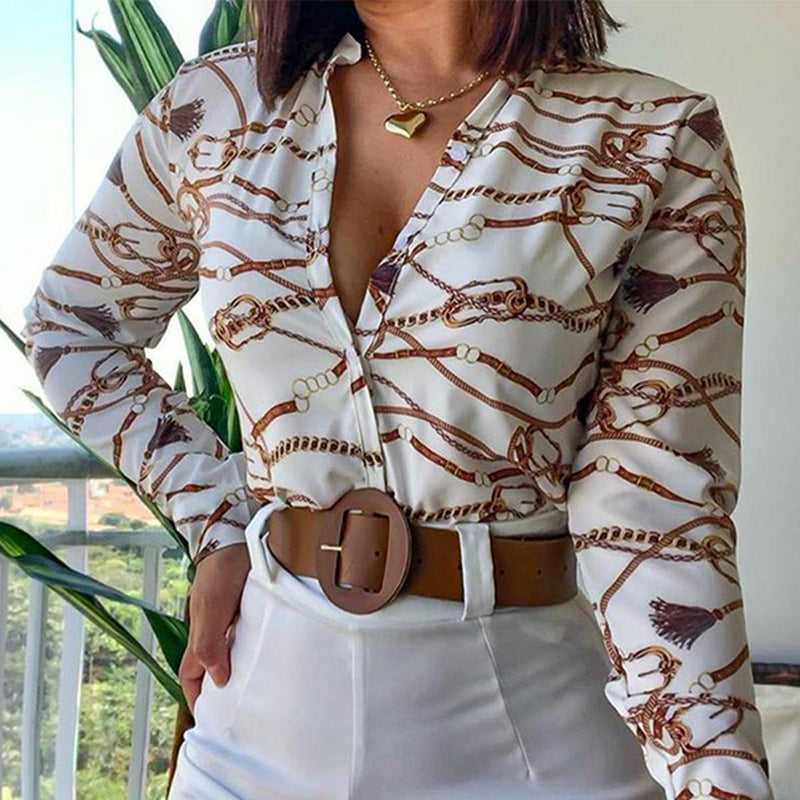 Women's Fashion Digital Printing Collar Long Sleeve Tops