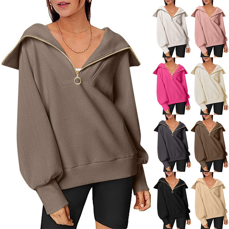 Women's Casual Large Lapel Half Zipper Pullover Clothing