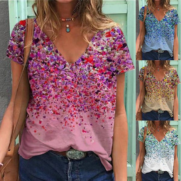 Women's Summer Collar Floral Printed Short-sleeved T-shirt Blouses