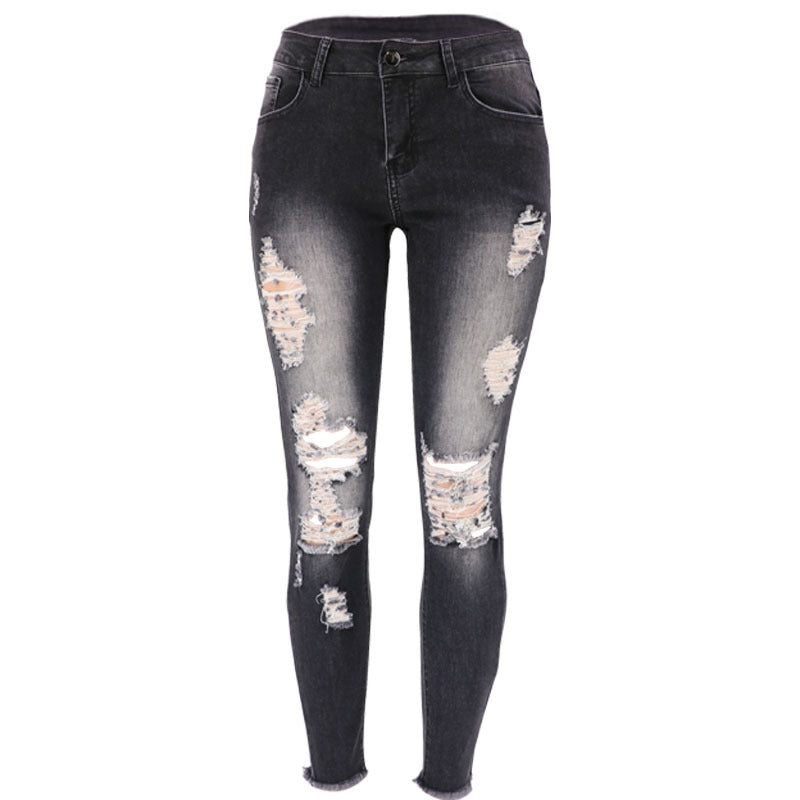 Women's Summer High Elastic Cropped Ripped Skinny Jeans