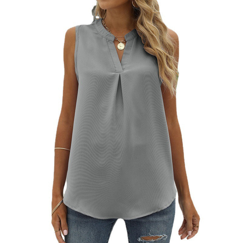 Women's Solid Color Chiffon Shirt Loose V-neck Vests