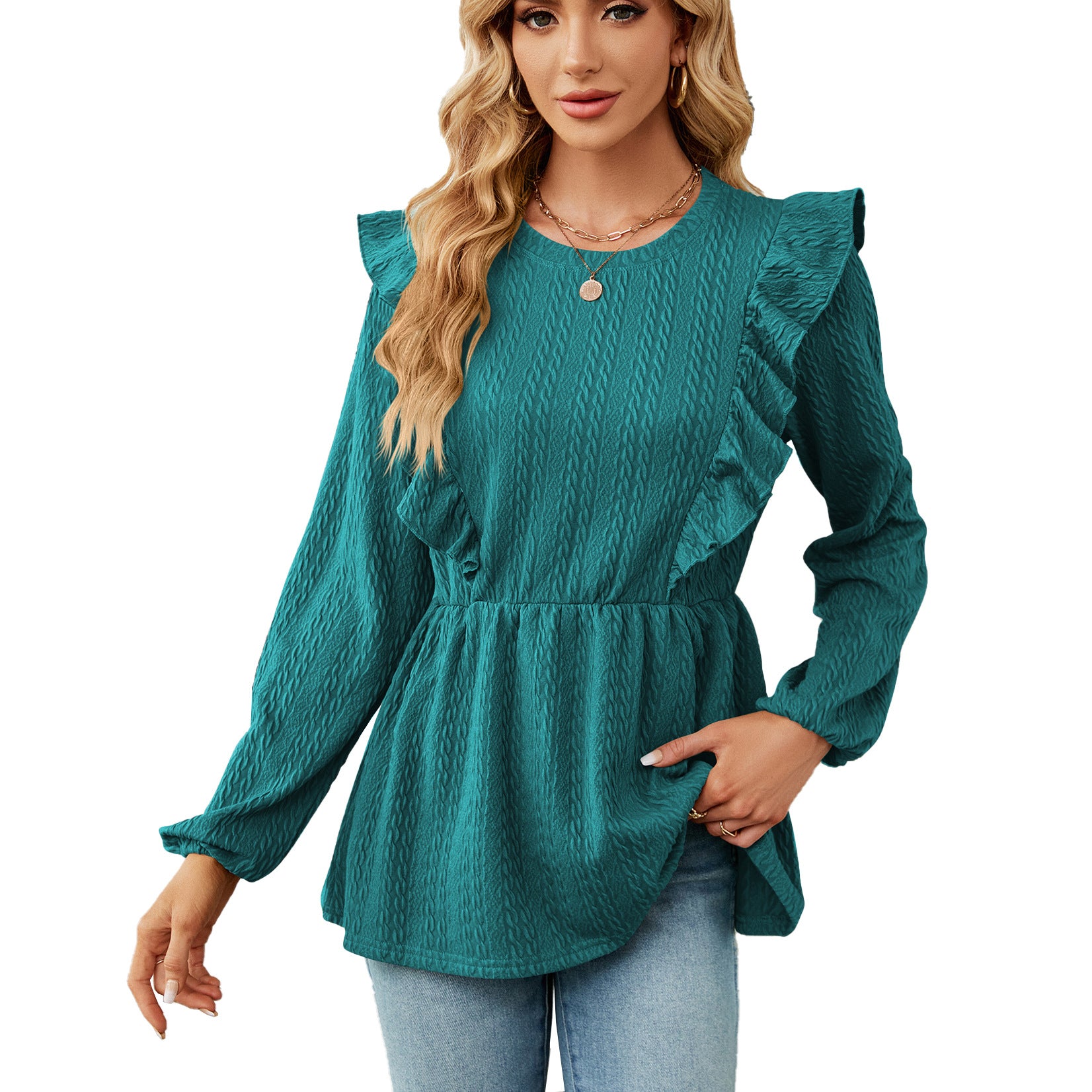 Women's Solid Color Pleated Patchwork Round Neck Blouses