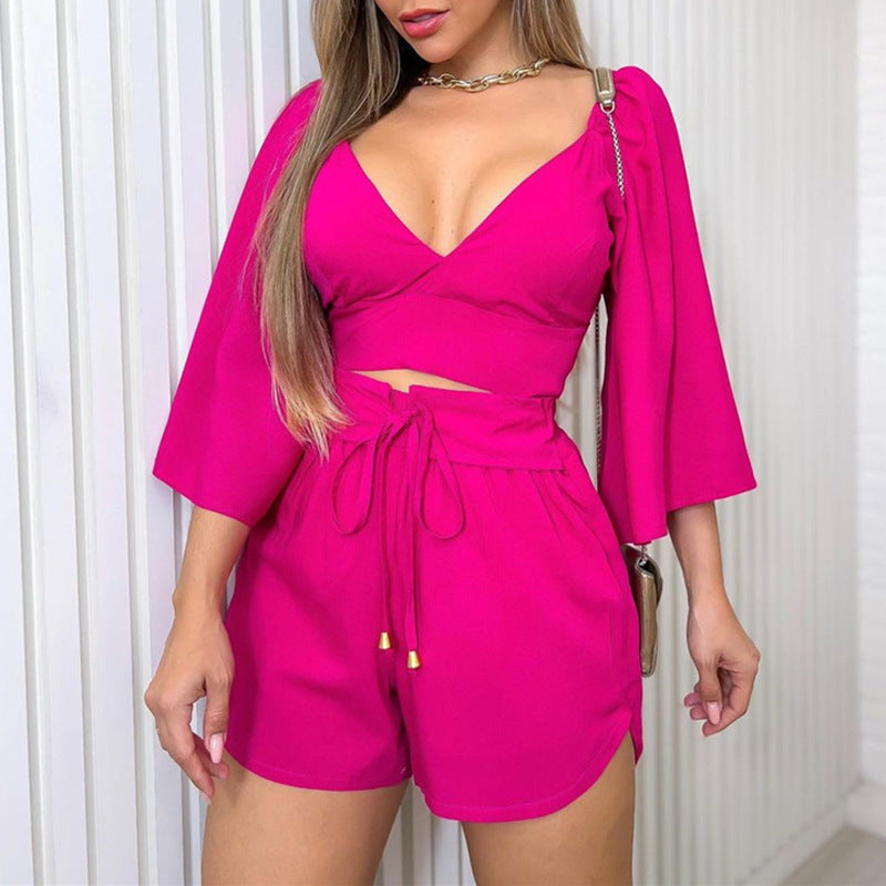 Women's Spring V-neck Backless Bell Sleeve High Waist Shorts