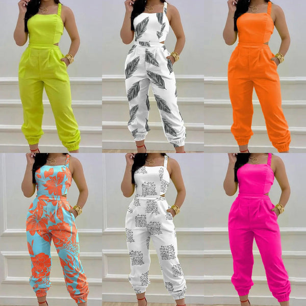 Women's Backless Bow Printed High Waist Suspenders Jumpsuits