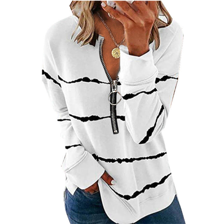 Women's Autumn Striped Zipper V-neck Long Sleeve Blouses