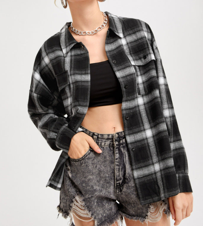 Autumn Plaid Single-breasted Stand Collar Lapel Cardigans