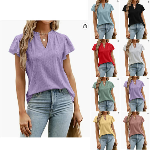 Women's Summer Double-layer Ruffled Hollow-out Long Sleeve Blouses