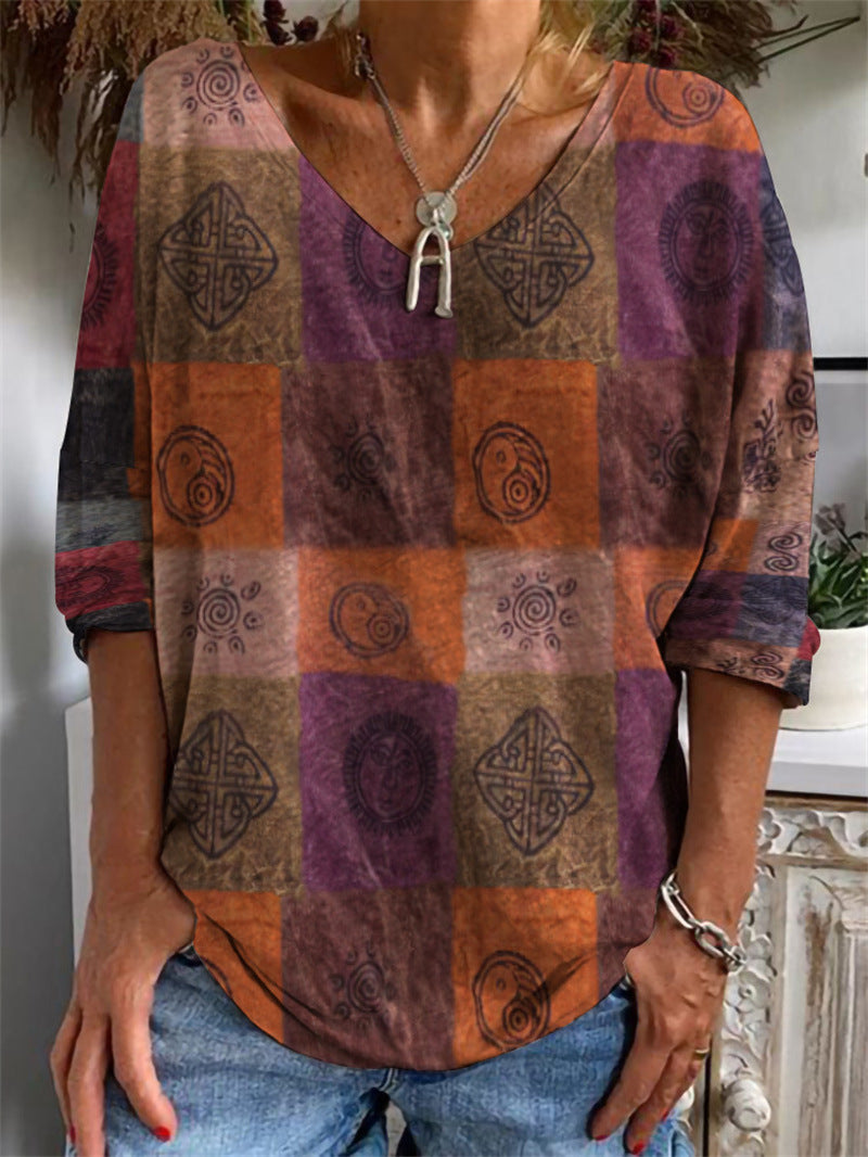Women's Loose Long-sleeved Geometric Floral V-neck T-shirt Blouses