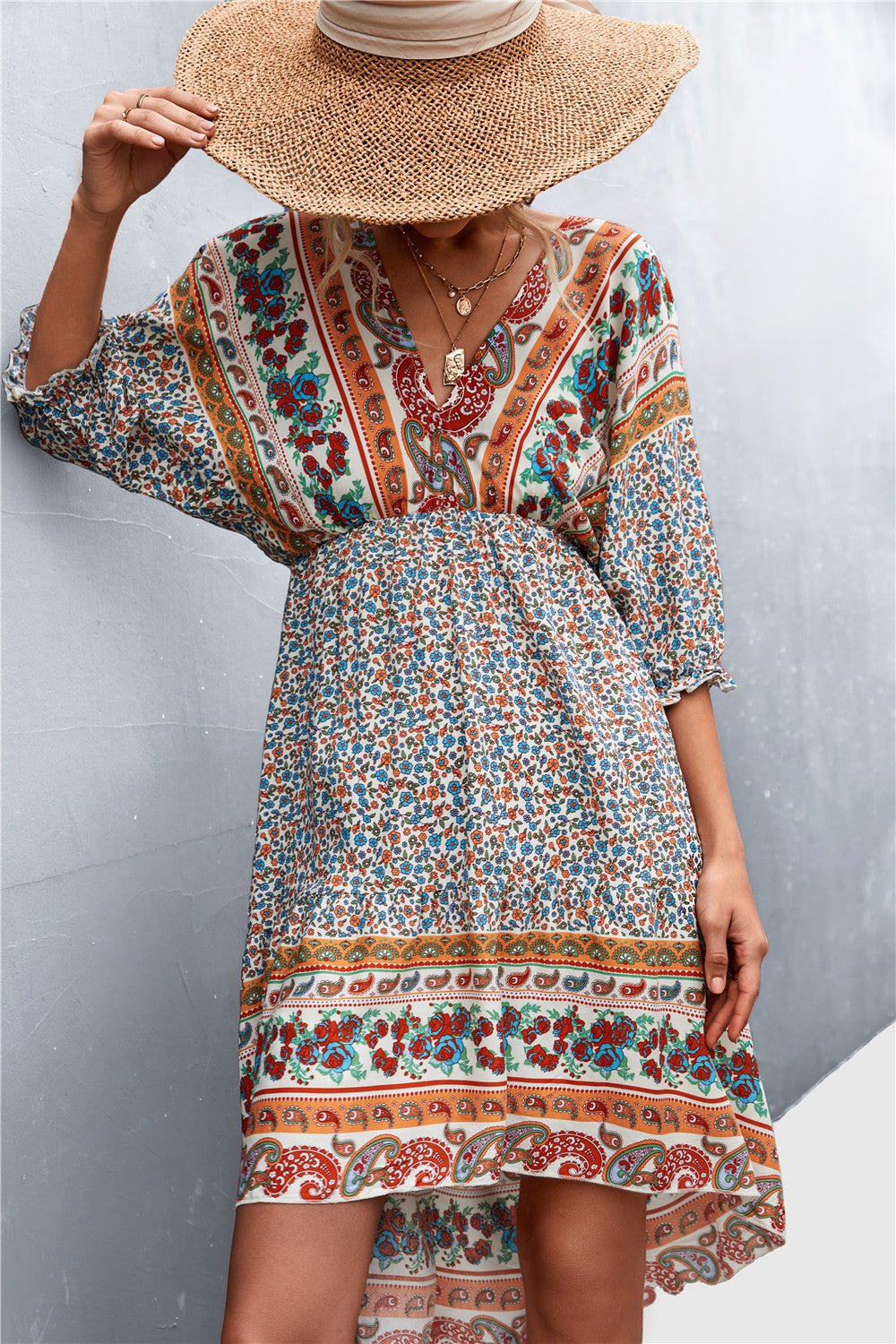 Bohemian V-neck Flower Irregular Backless Dress Dresses