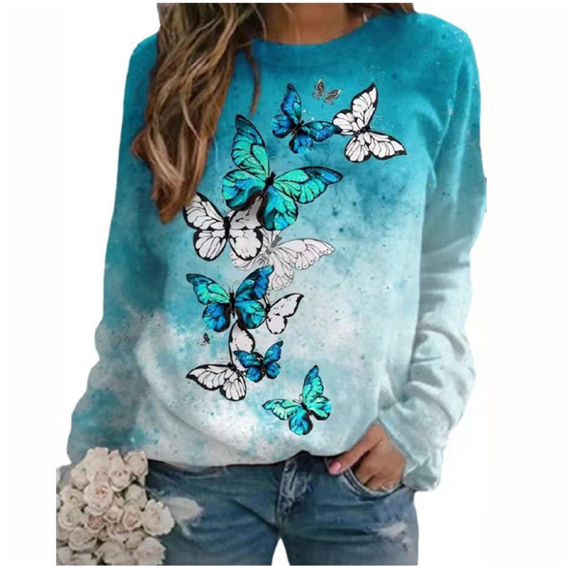 Women's Floral Butterfly Animal Print Round Neck Long Blouses