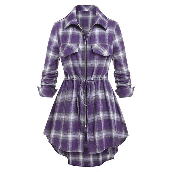 Women's Mid-length Plaid Zipper Waist Long-sleeved Shirt Blouses