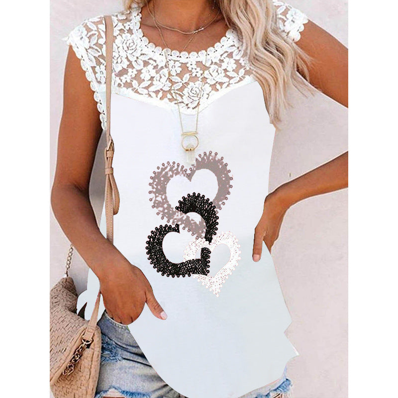 Women's Summer Printed Round Neck Lace Casual Loose Colored Vests