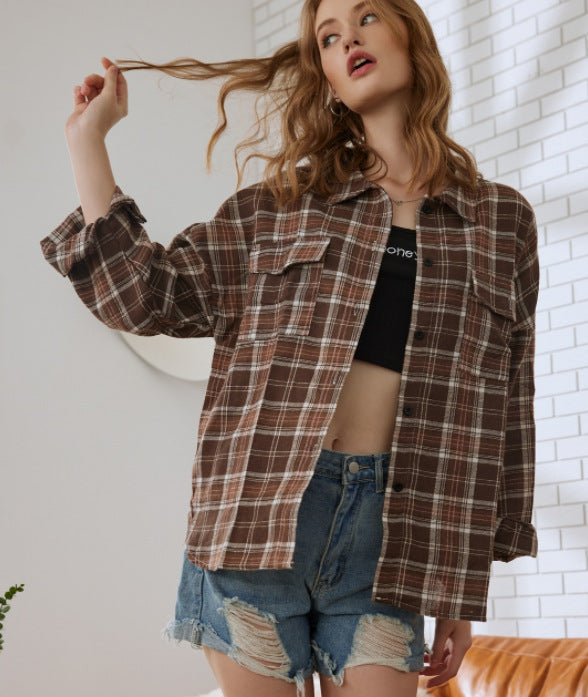 Autumn Plaid Single-breasted Stand Collar Lapel Cardigans