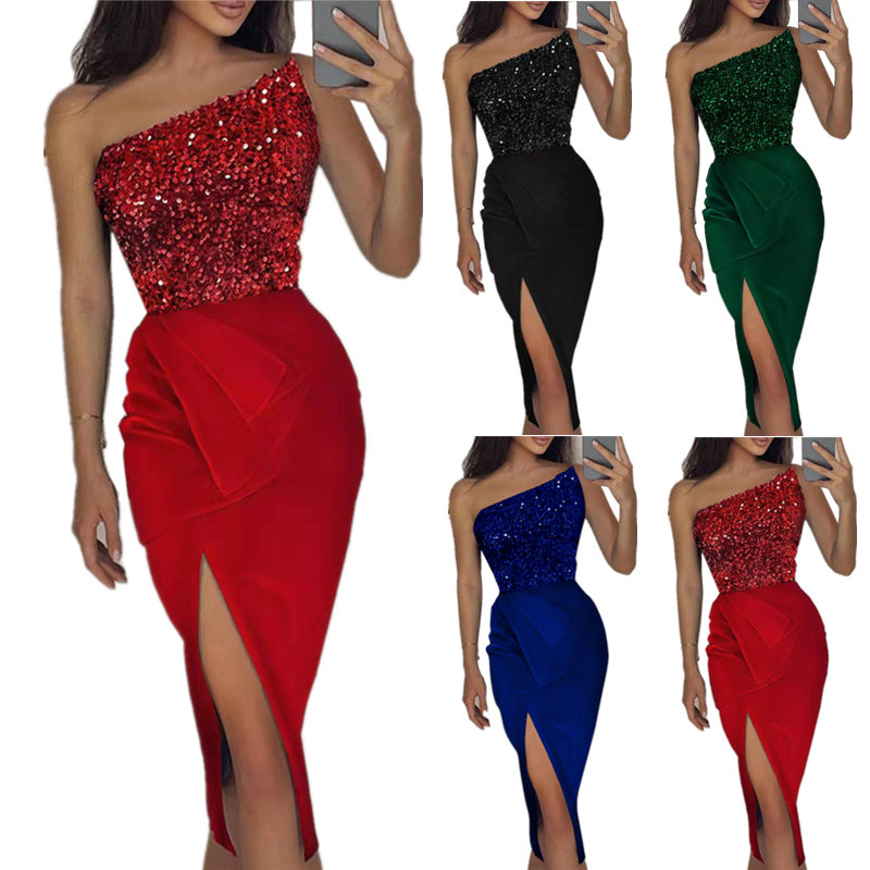 Women's Solid Color Sexy Sequin Long Temperament Shoulder Dresses