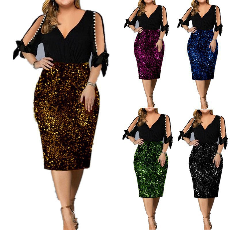 Women's Collar Personalized Sequined Petal Sleeve Dresses