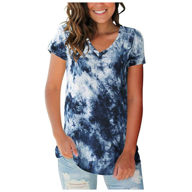 Women's Summer Street Hipster Pullover Tie-dyed V-neck Blouses