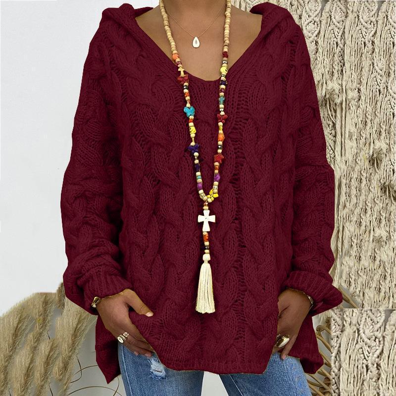 Women's Long Sleeve Hood Knitted Loose Pullover Sweaters