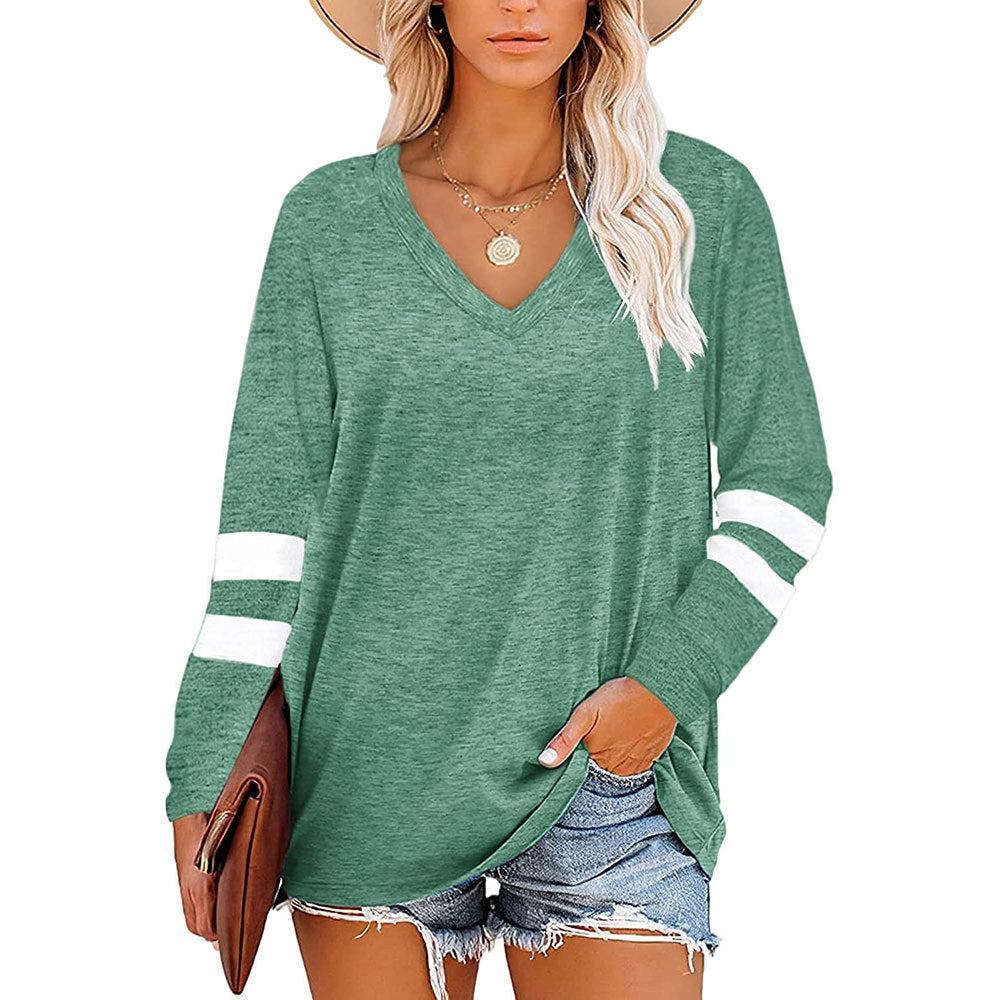 Women's Color V-neck Striped Stitching Long-sleeved Loose Blouses