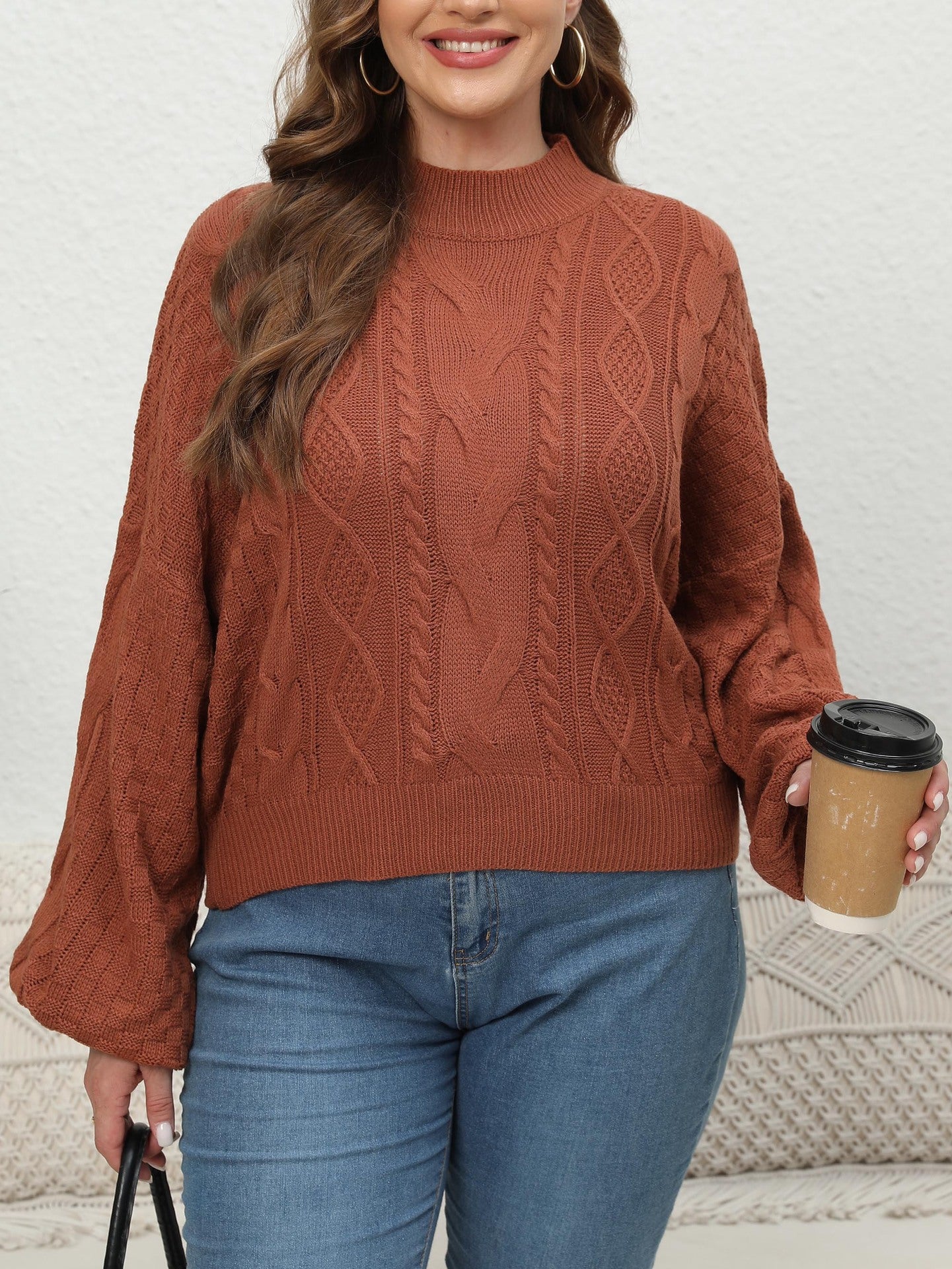 Gewebte Pullover mit halbem Rollkragen und Laternenärmeln für Damen