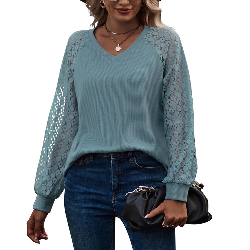 Women's Lace Puff Sleeve V-neck Long Tops