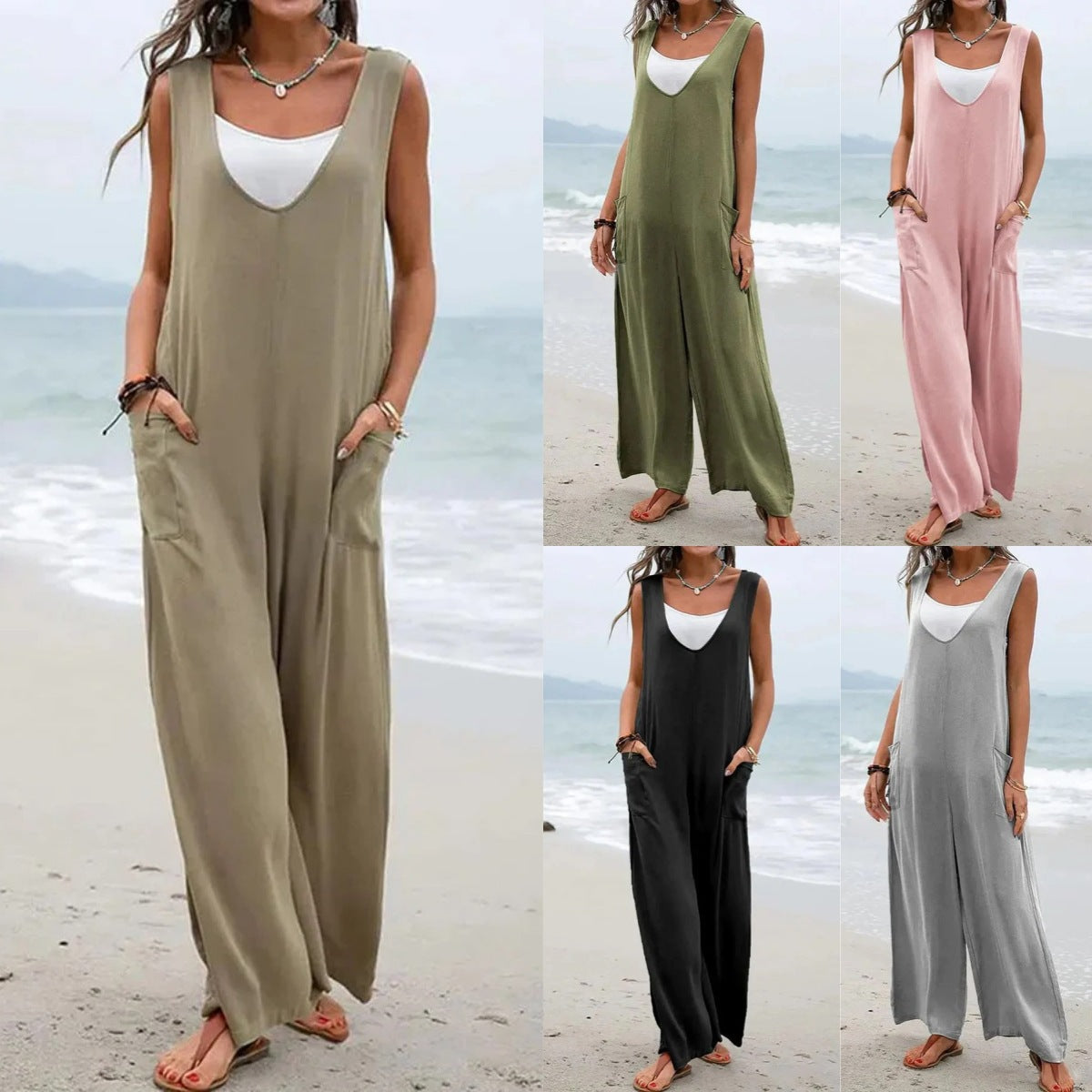 Women's Summer Pure Color Stickers Bags V-neck Wide Jumpsuits