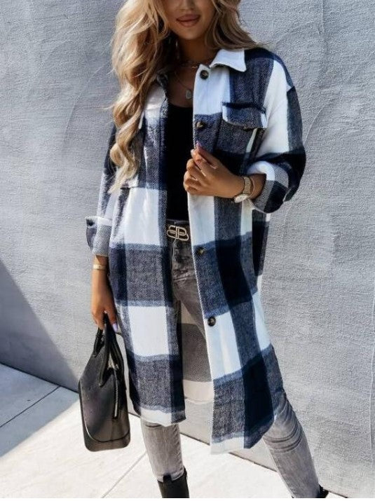 Women's Loose Leisure Mid-length Plaid Shirt Long-sleeved Sweaters