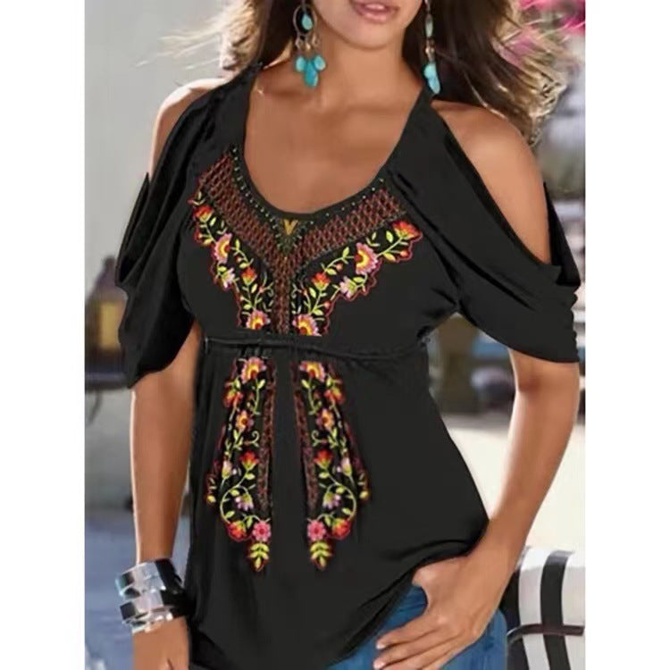 Women's Summer Loose V-neck Pleating Printed Off-shoulder Sleeve Blouses