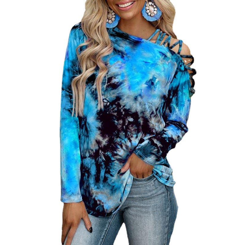 Women's Tie-dye Printed Long Sleeve Strapless Sexy Tops
