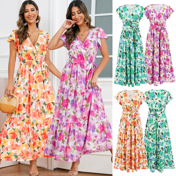 Women's Large Swing Floral Summer V-neck Flounce Dresses