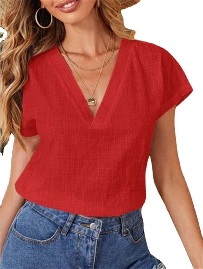 Solid Color Linen Loose Half Sleeve Blouses