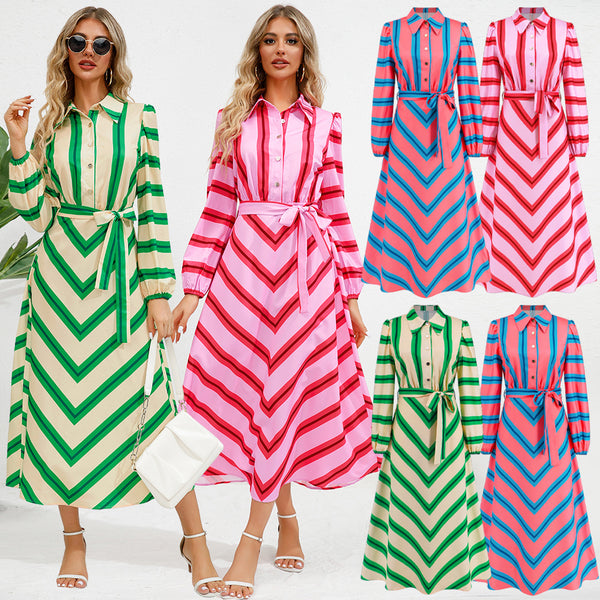 Women's Elegant Striped Printed Button Cinched Dress Dresses