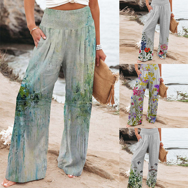 Women's Elastic Printing High Waist Casual Wide Leg Pants