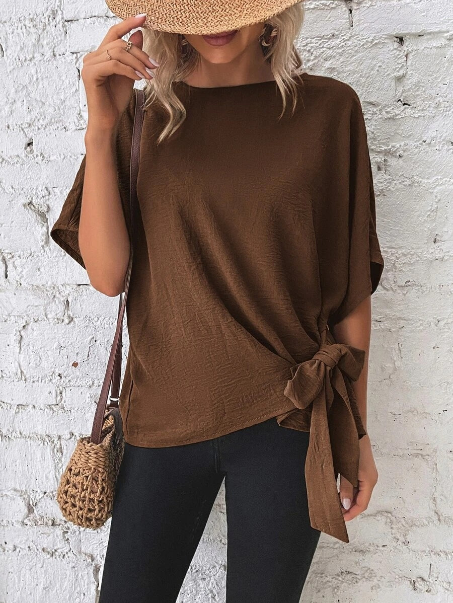 Women's Summer Solid Color Batwing Sleeve Knotted Blouses