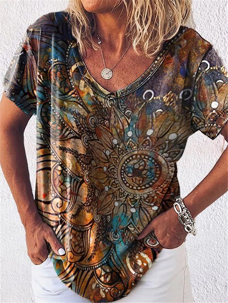 Summer Flower Printed Sleeve V-neck Shirt Shorts