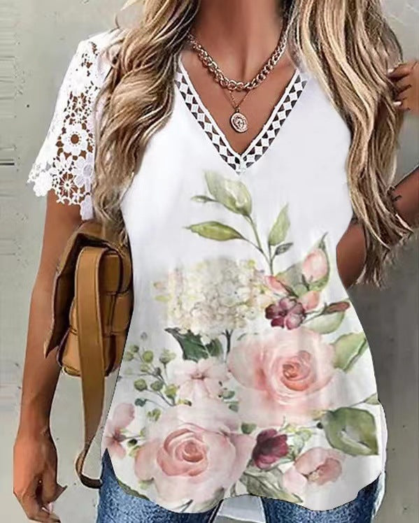 Women's Summer Sleeve Stitching Printing V-neck T-shirts Blouses