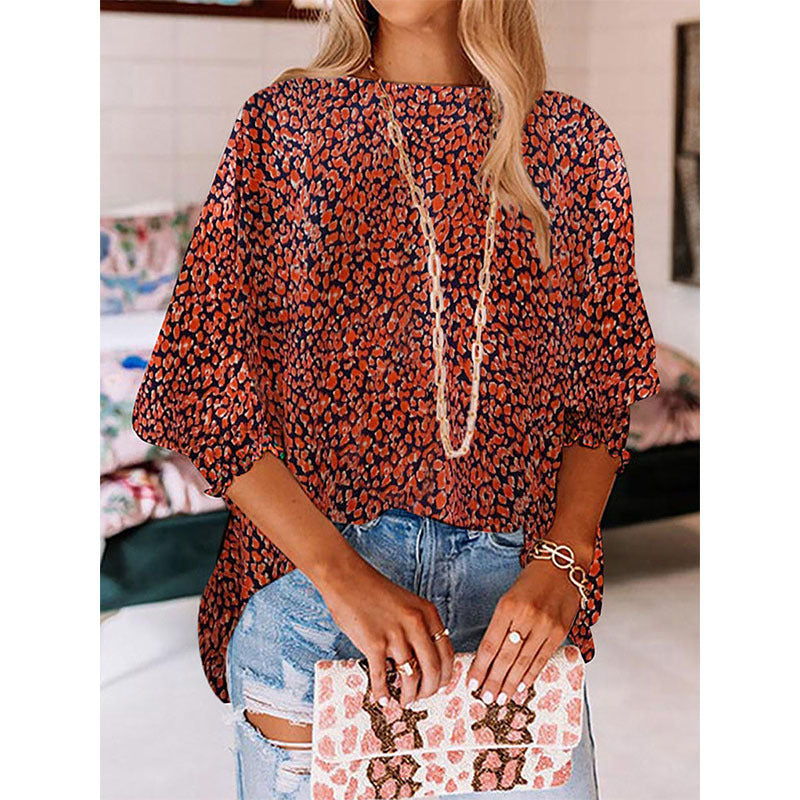 Women's Round Neck Printed Sleeve Loose Blouses