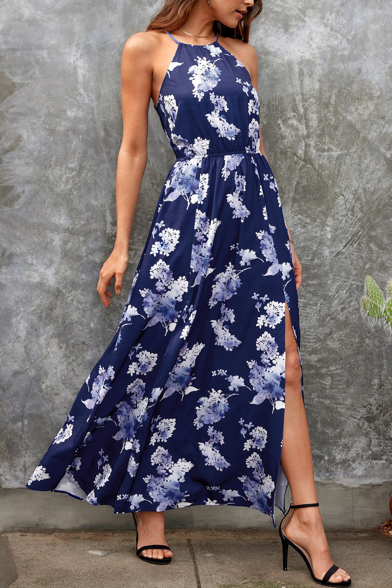 Women's Halter Split Holiday Floral Print Dresses