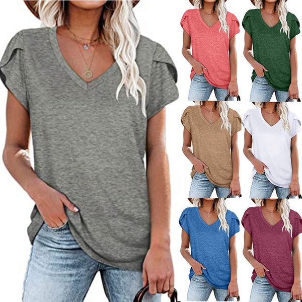 T-shirt à manches et col en V de couleur unie pour femmes