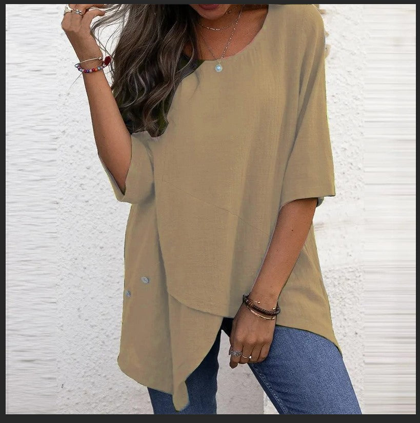 Women's Cotton Linen Irregular Shirt Half Sleeve Blouses