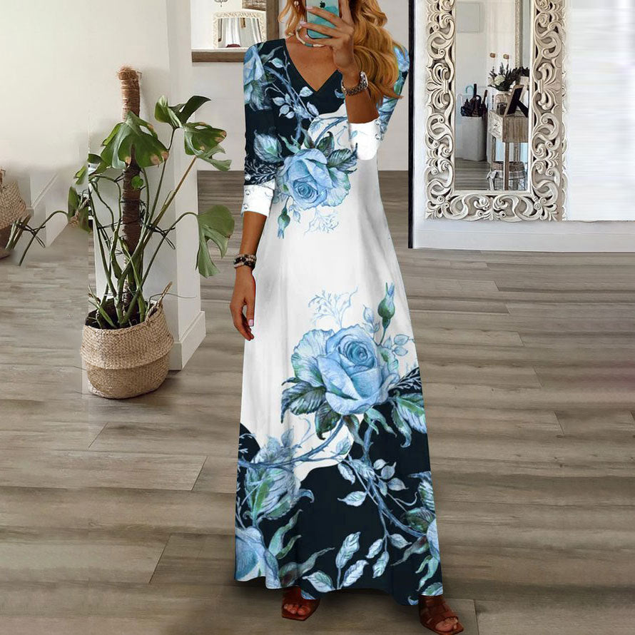 Women's Positioning Printed V-neck Button Mid-length Long Dresses