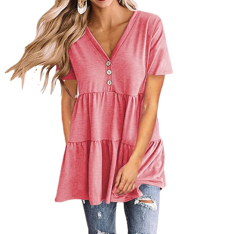 Women's V-neck Short-sleeved Pullover Solid Color Stitching Dresses